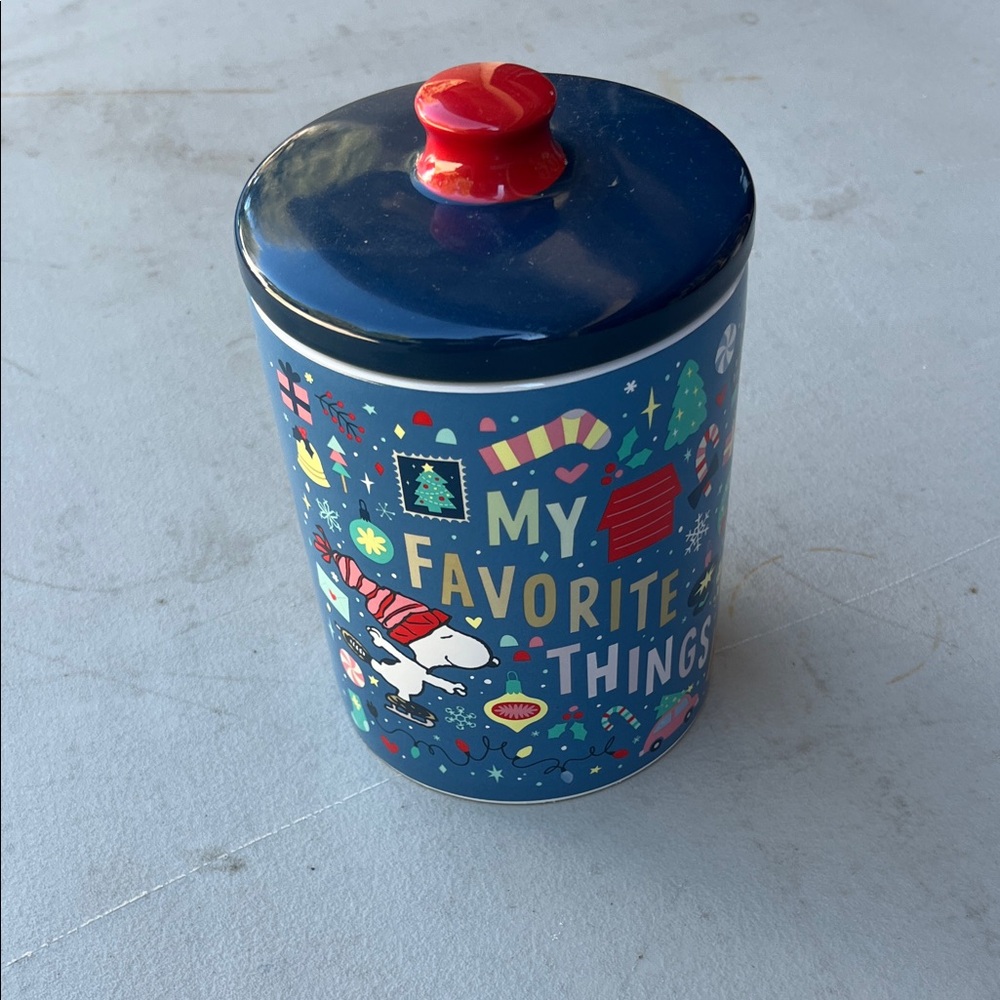 Festive Blue and Red Holiday Canister Peanuts Christmas Holiday Cookies Canister